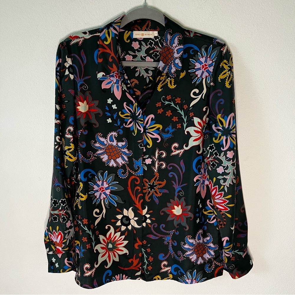 Tory Burch 100% Silk Floral Print Long Sleeve Button Down Blouse Top 8 - Picture 4 of 16